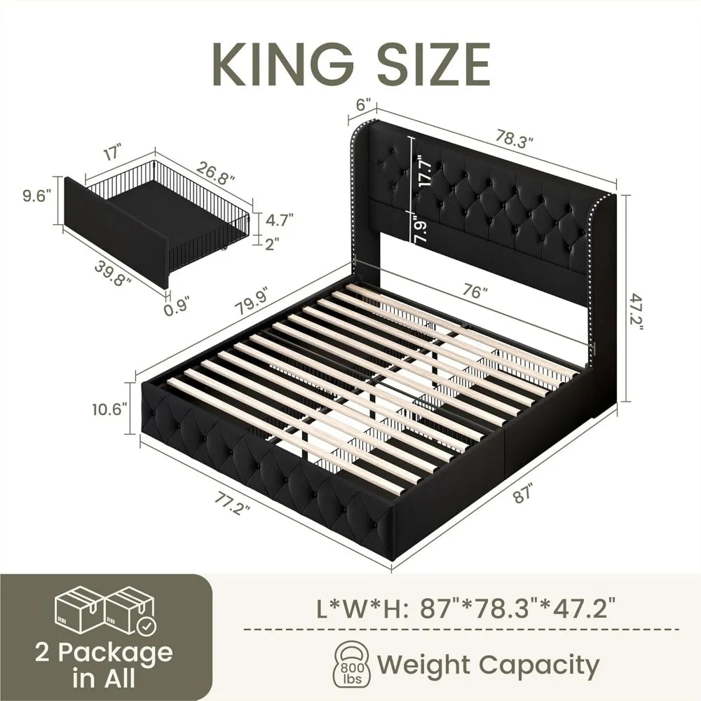 LARMACE King Size Velvet Upholstered Platform Bed – Modern Bed Frame with Headboard