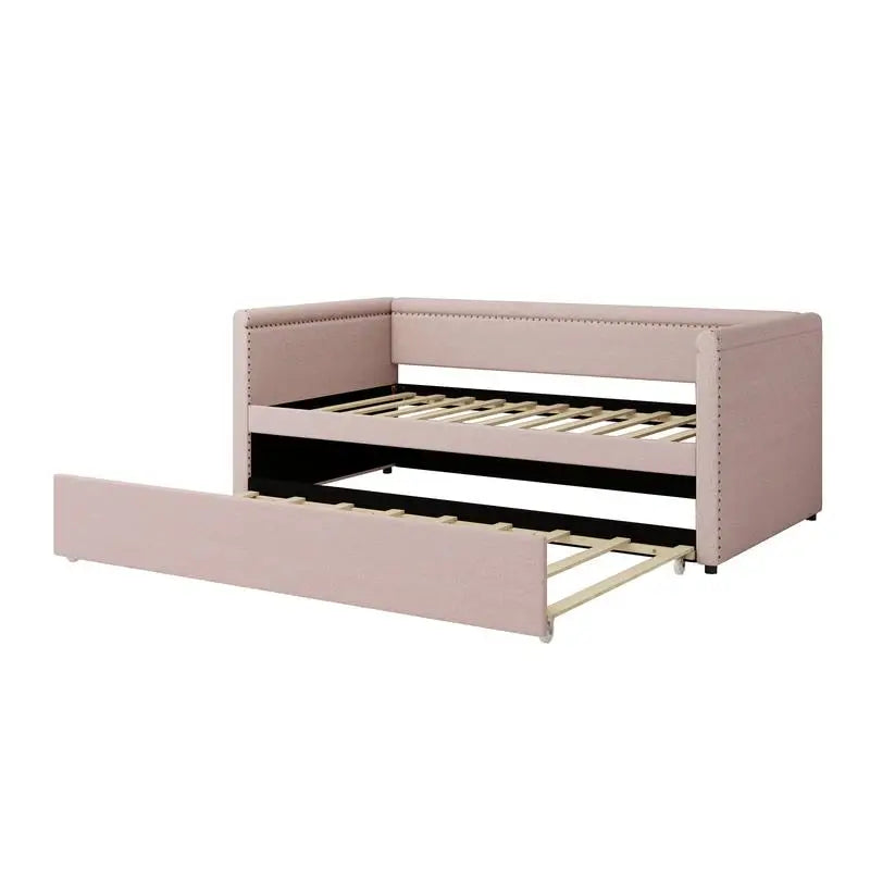 Modern Upholstered Twin Daybed with Trundle, Pink Guest Bed for Small Bedrooms & Study Rooms