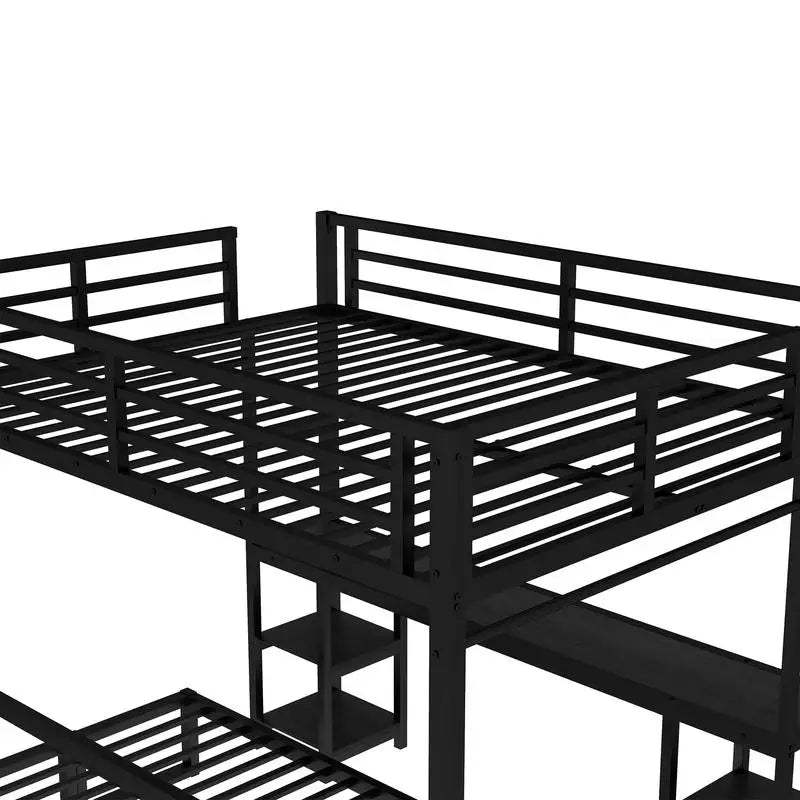 Queen over Twin XL Metal Bunk Bed – Loft with Desk, Shelves, Sofa, LED & USB (Black)