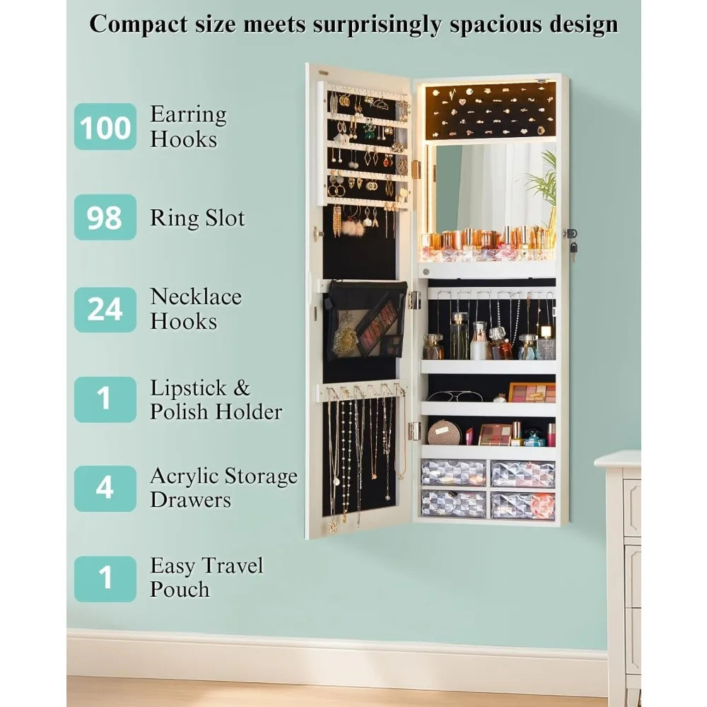 LED Mirror Jewelry Cabinet – Wall/Door Mounted Organizer with Lights