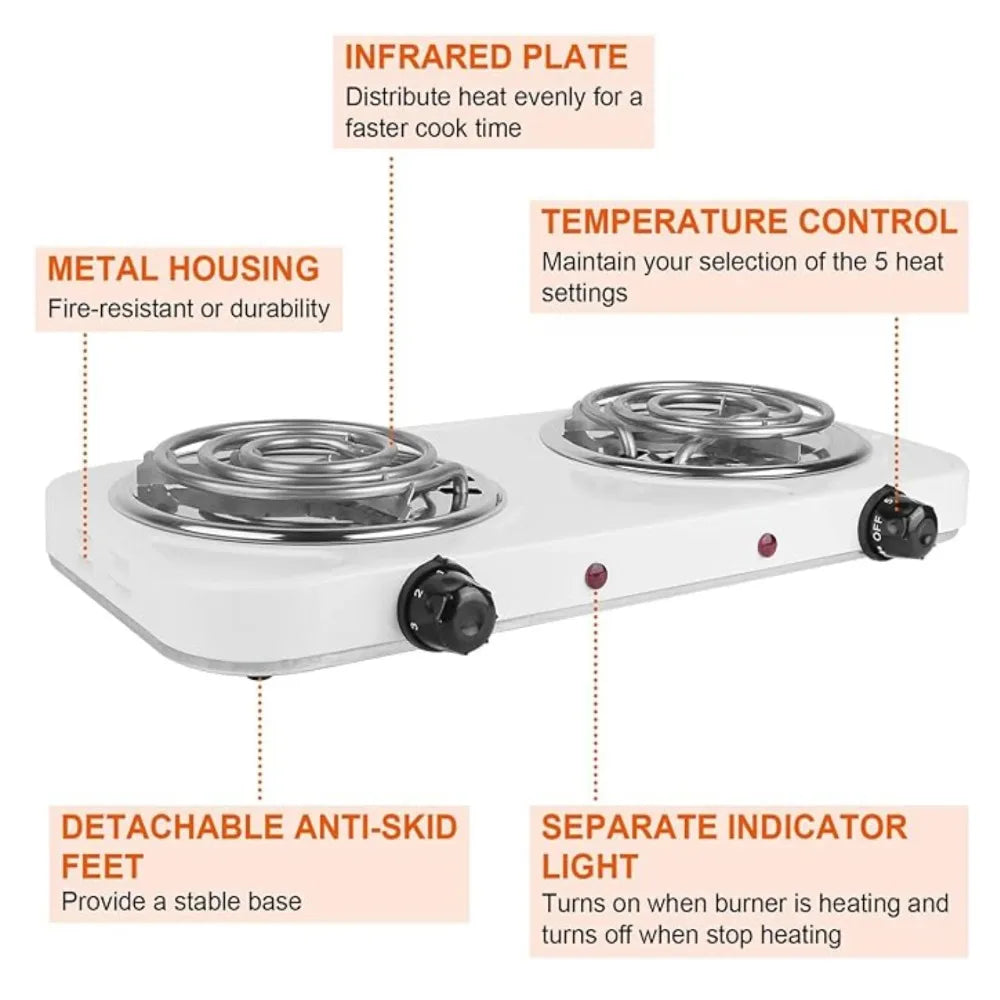 2000W Dual Coil Hot Plate – Portable Electric Stove with 5 Temperature Levels