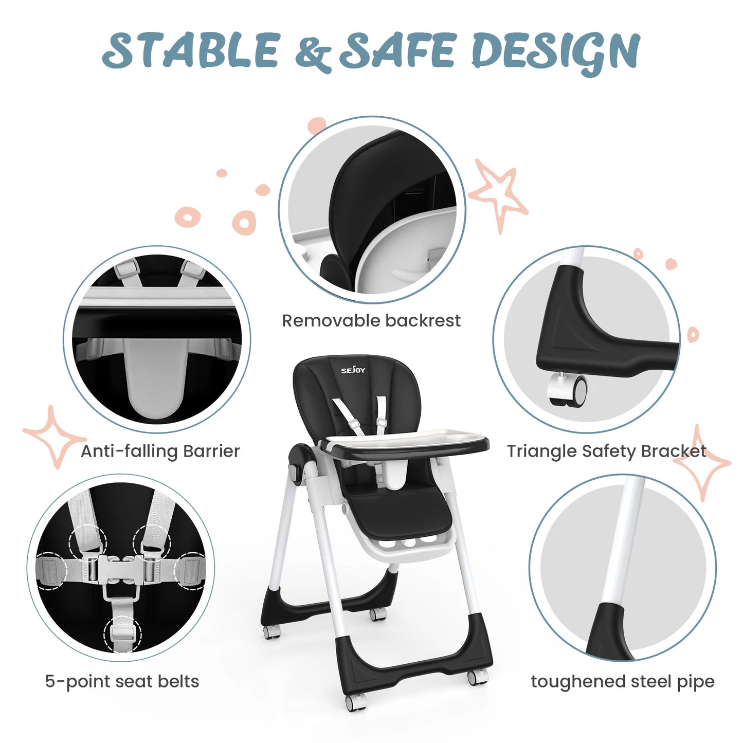 SEJOY Folding Baby High Chair – Convertible Design with Removable Tray & Adjustable Seat