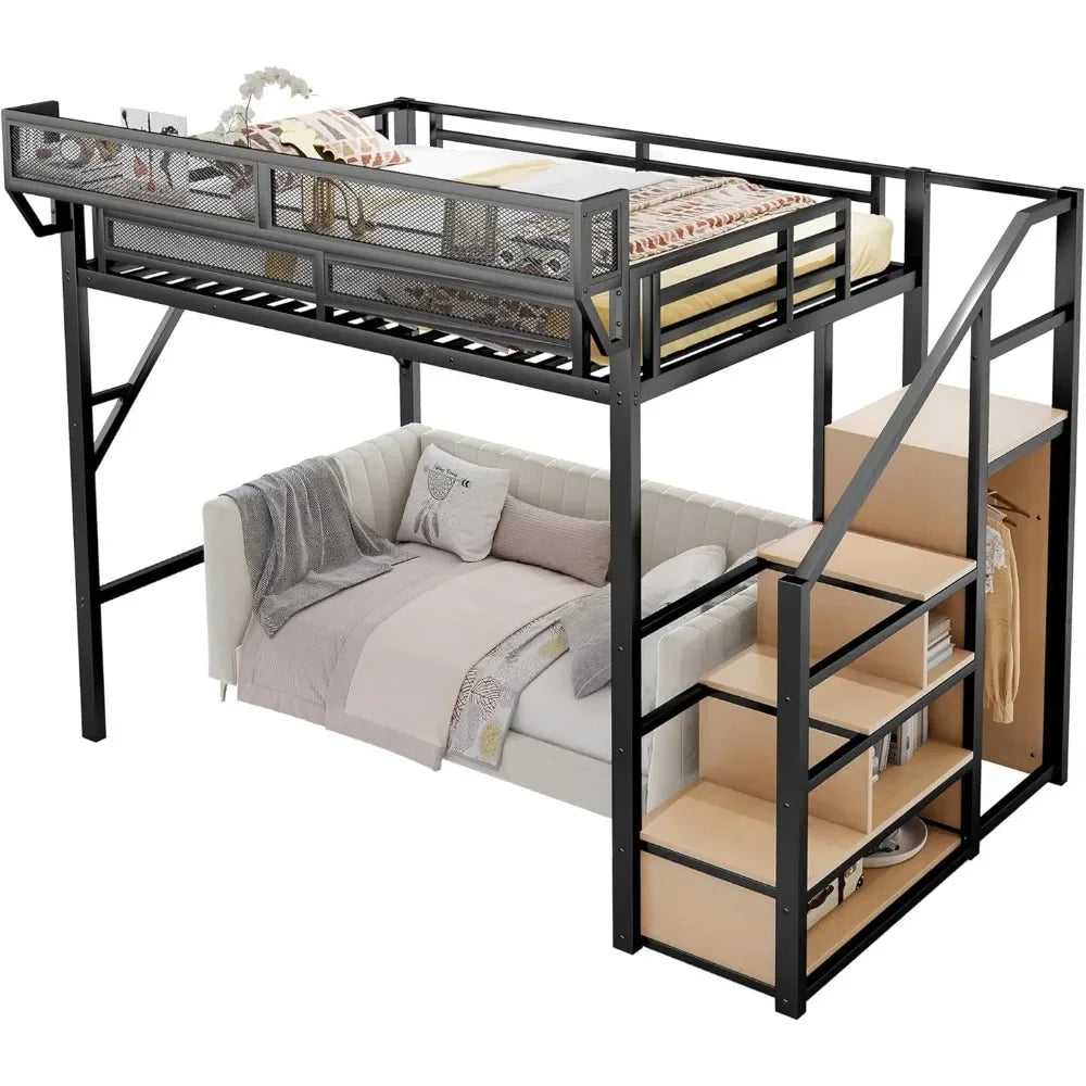Full Size Loft Bed with Stairs – Built-In Shelf & Under-Bed Storage