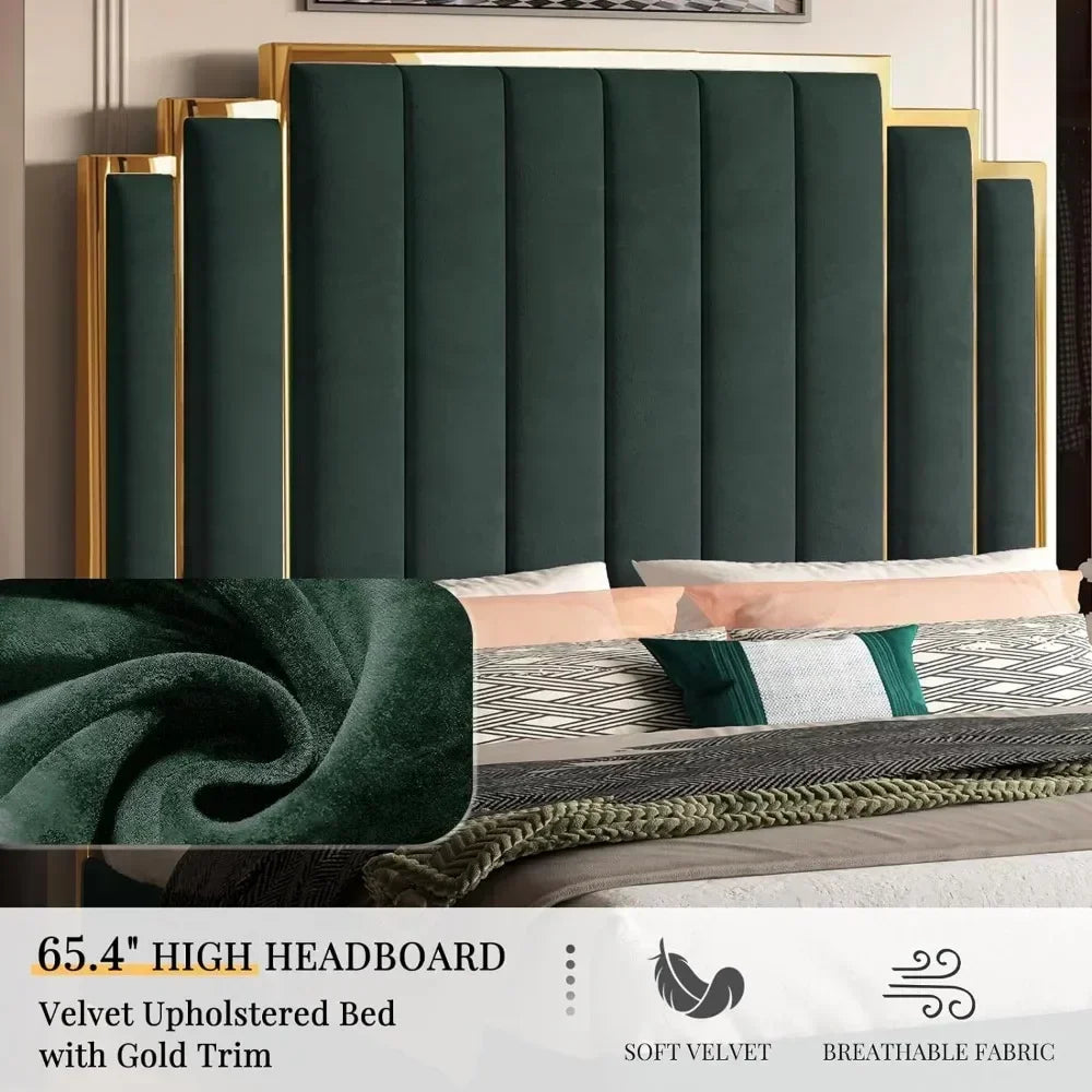 King Size Velvet Platform Bed Frame – Green Upholstered with Gold Trim Headboard & Wooden Slats