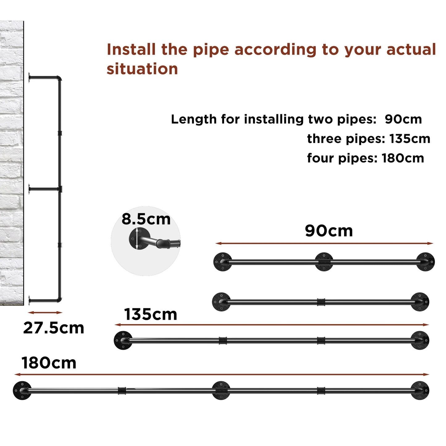 Wall-Mounted Pipe Rack – 180cm with Shelf & Hooks