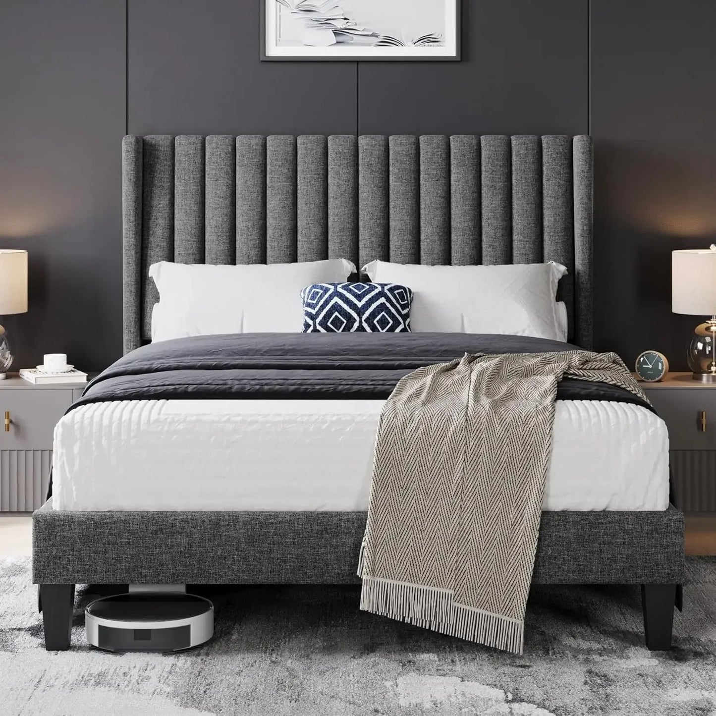 Upholstered Platform Bed Frame – Fabric Headboard with Wing Edge & Wooden Slat Support