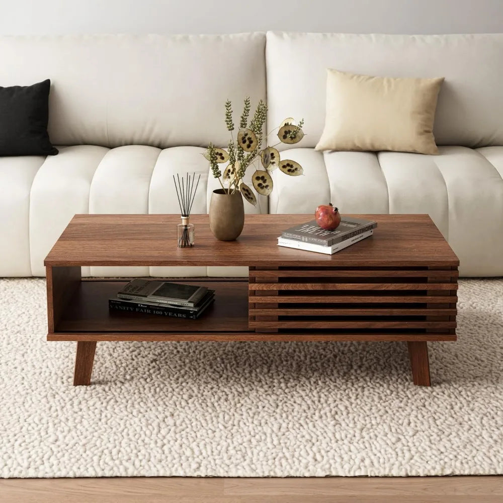 Mid-Century Modern Coffee Table – Walnut Finish with Storage & Sliding Fence Door