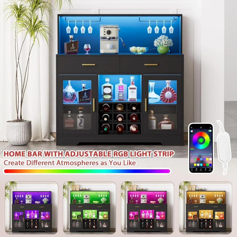 Wine Bar with Power Outlet – Black Liquor Cabinet with LED Lights, Coffee Bar & Built-In Wine Rack