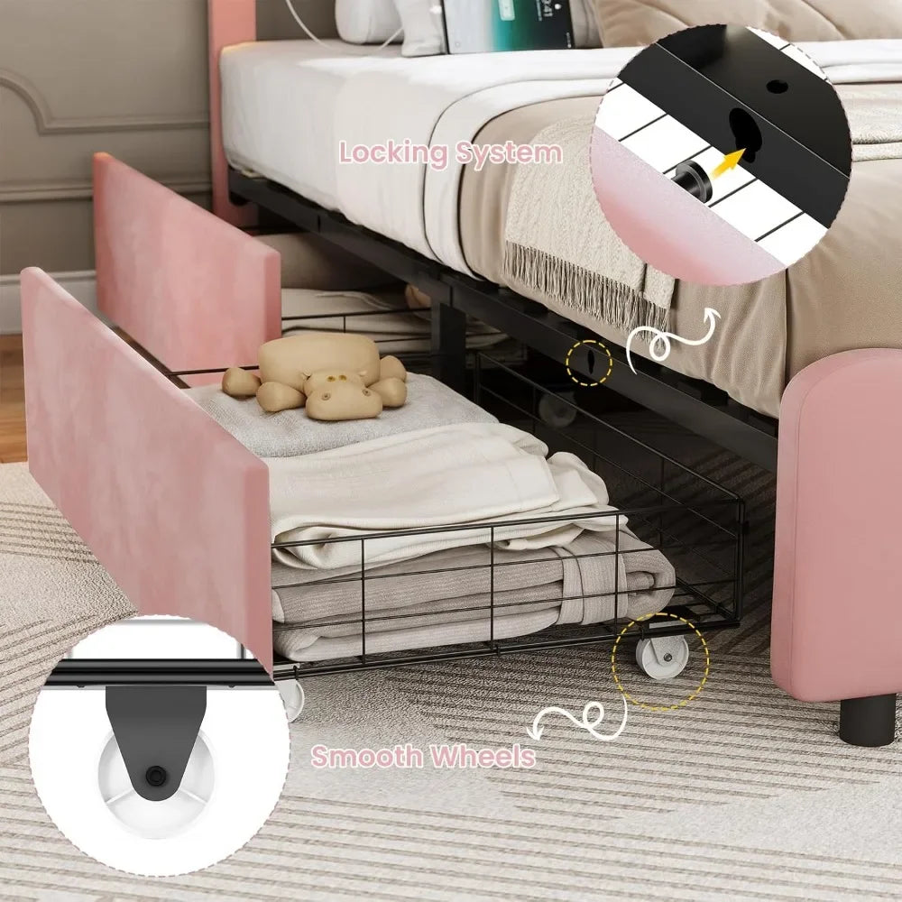 Twin Velvet Upholstered Platform Bed Frame with LED Headboard, 4 Storage Drawers & Adjustable Height