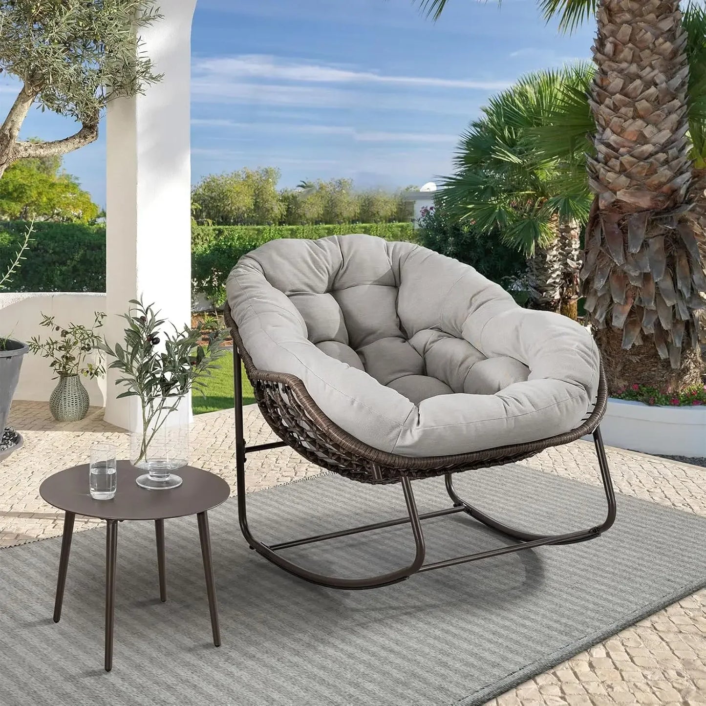 Oversized Wicker Egg Rocking Chair – Indoor/Outdoor Lounge Chair with Plush Cushion
