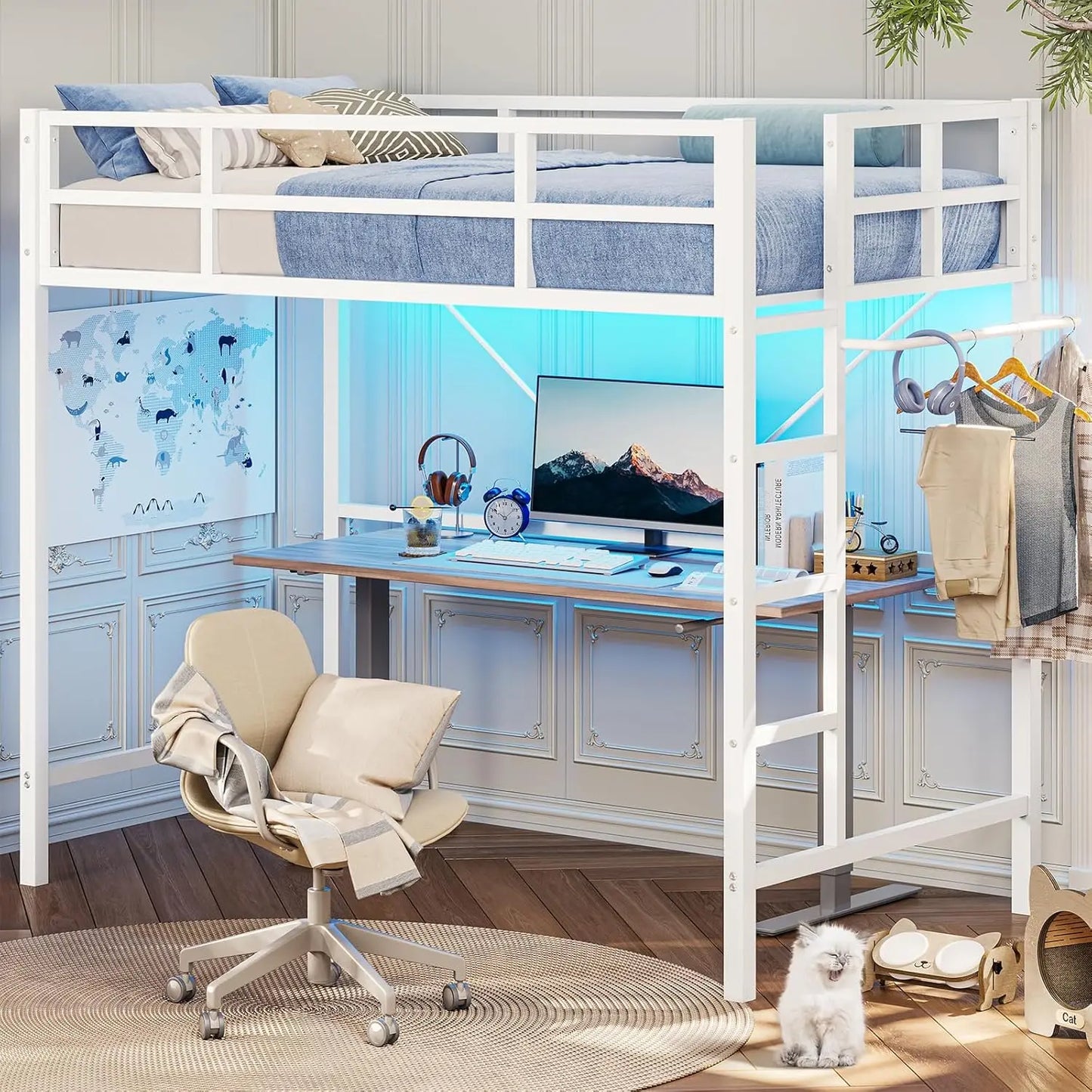 Twin Metal Loft Bed with LED Lights – Heavy Duty Frame with Guardrails & Clothes Rack