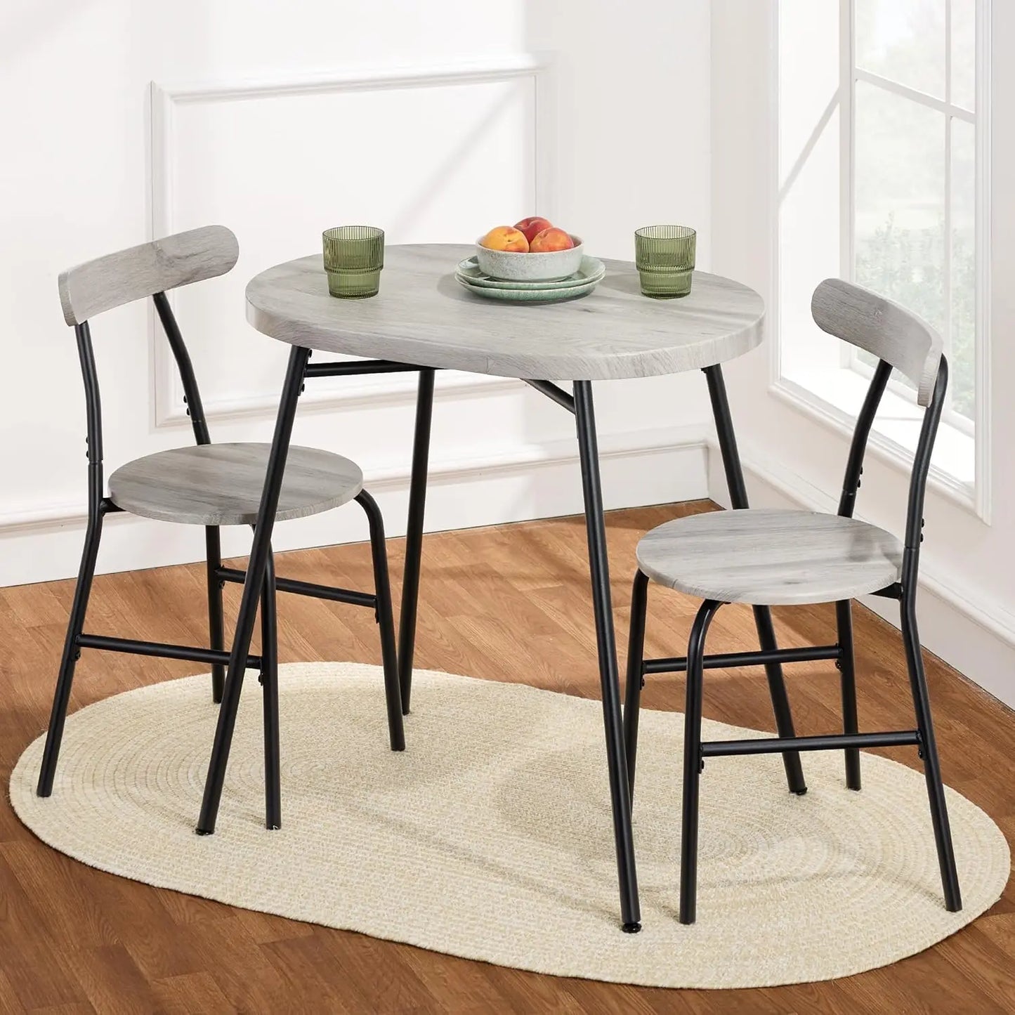 Modern Oval Dining Table Set – Small Kitchen Dinette with 2 Chairs, Metal Frame & Curved Backrests (Dark Green/Gold)