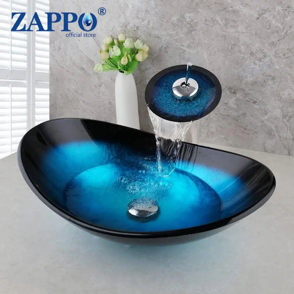 ZAPPO Blue Tempered Glass Vessel Sink – Oval Above-Counter Basin with Black Waterfall Faucet
