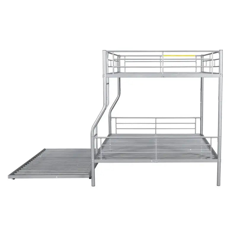 Silver Metal Bunk Bed, Full XL Over Queen with Trundle, Heavy-Duty Frame