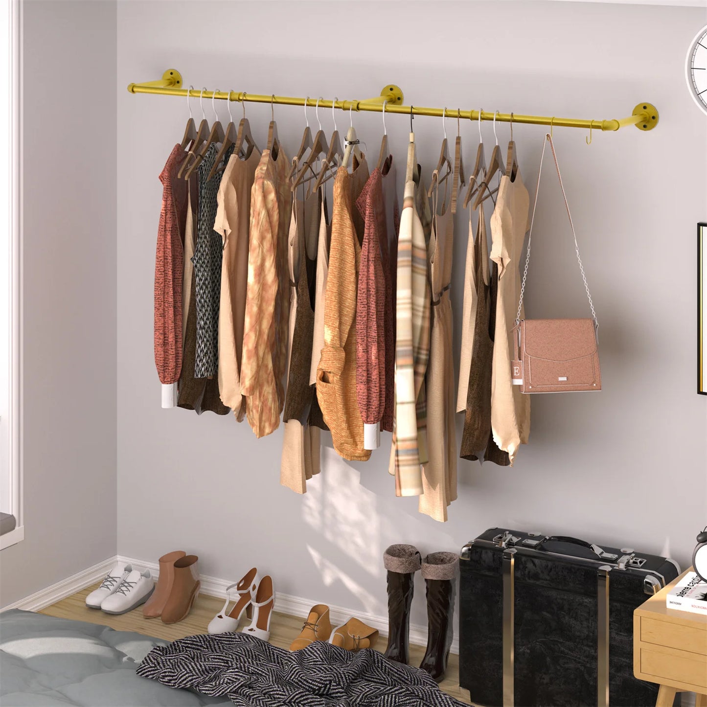 Wall-Mounted Pipe Rack – 180cm with Shelf & Hooks