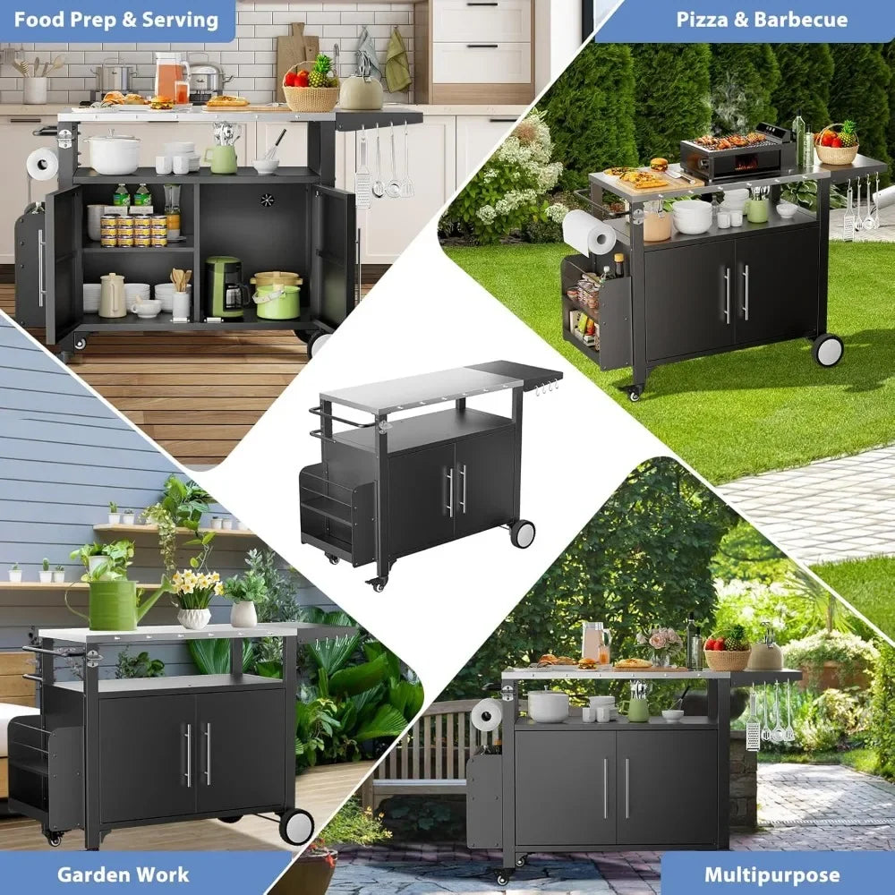 Outdoor Grill Cart with Storage – Patio Kitchen Island Table with Wheels, Hooks & Spice Rackoutdoor grill cart, patio kitchen island, BBQ prep table, rolling grill cart, outdoor storage table, waterproof grill table, BBQ ca