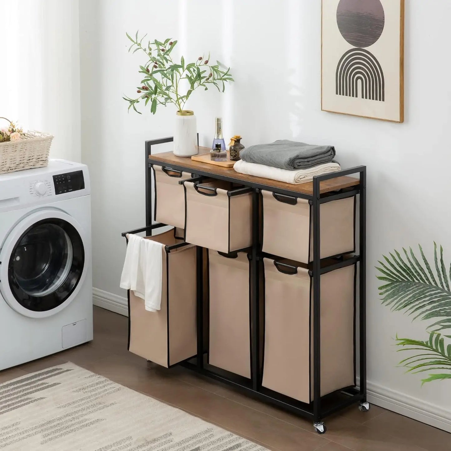 Laundry Hamper with 6 Compartments – Metal Frame & Sliding Sorter Bags