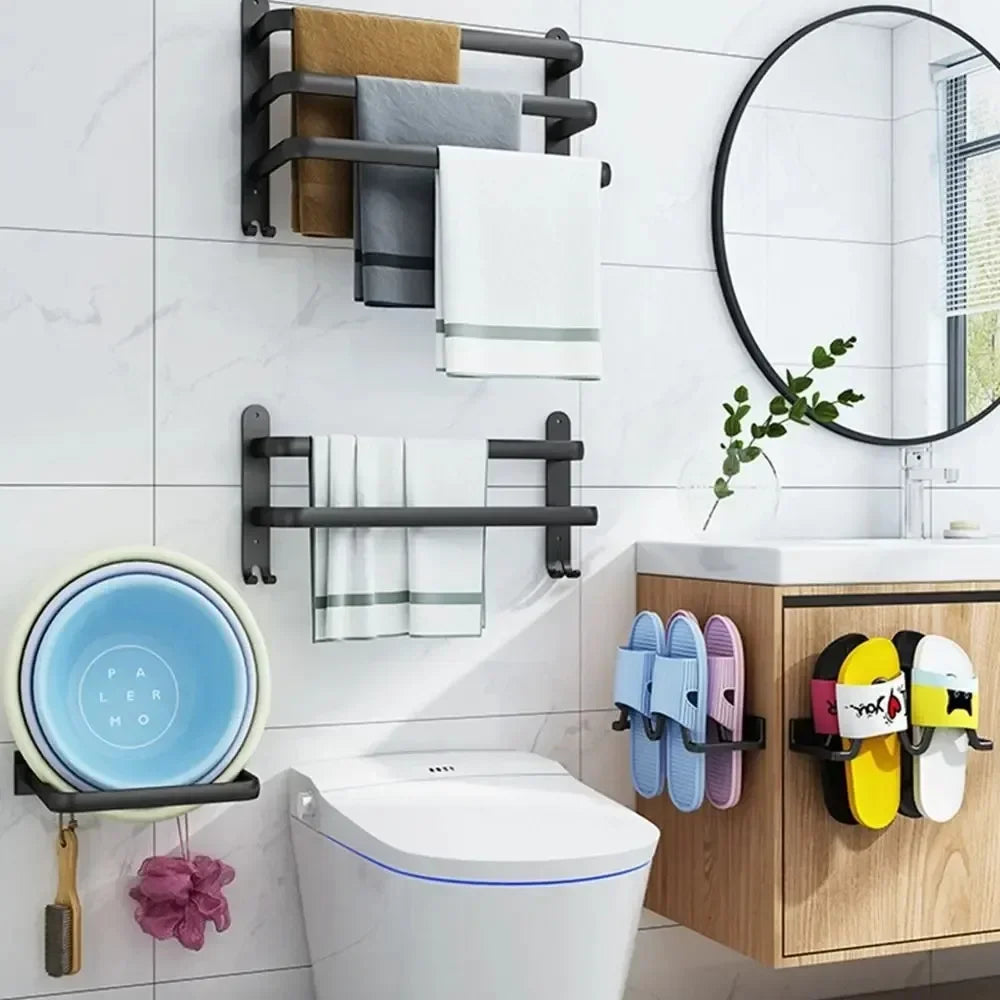 Aluminum Alloy Wall-Mount Bathroom Shelf with Hooks – Space-Saving Storage