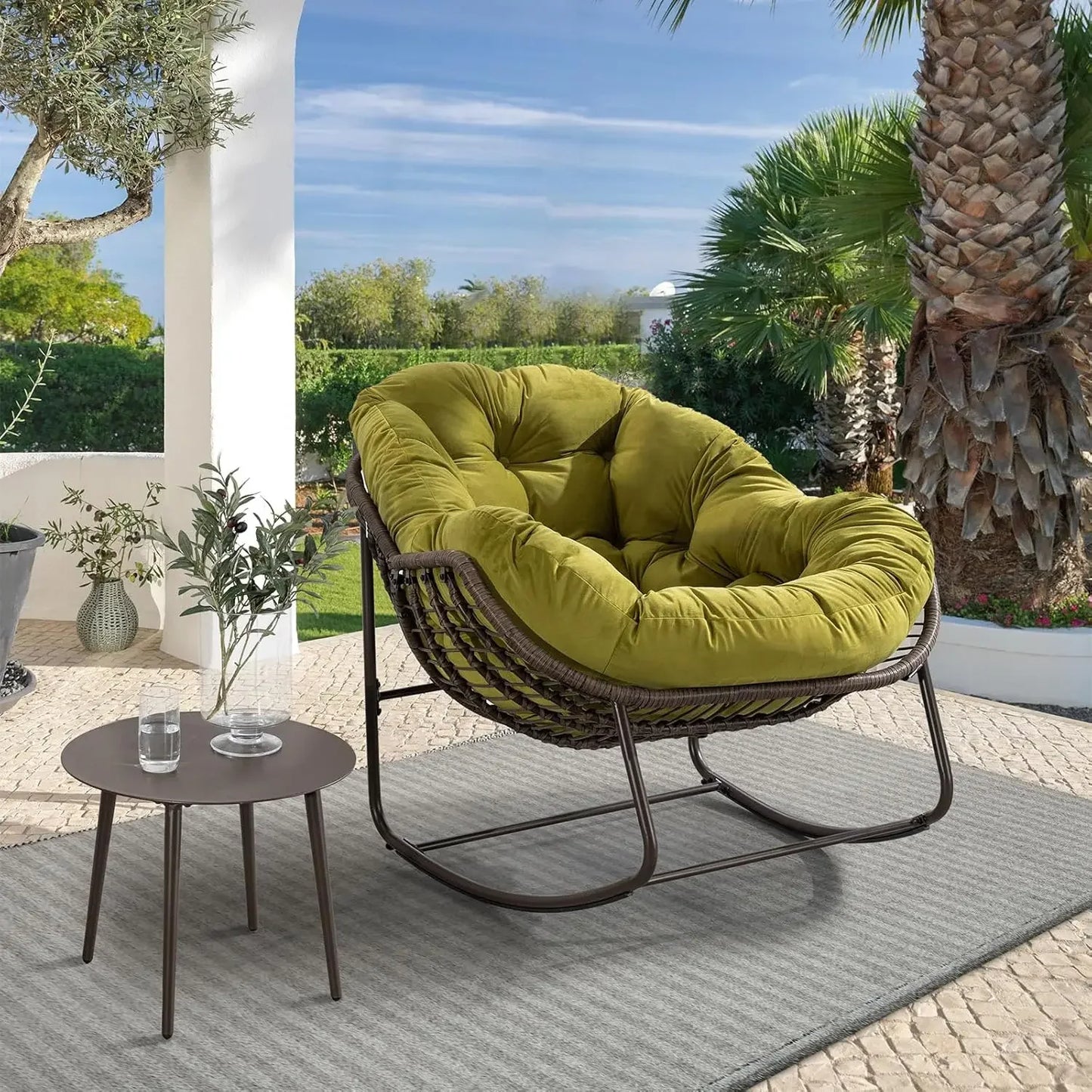 Oversized Wicker Egg Rocking Chair – Indoor/Outdoor Lounge Chair with Plush Cushion