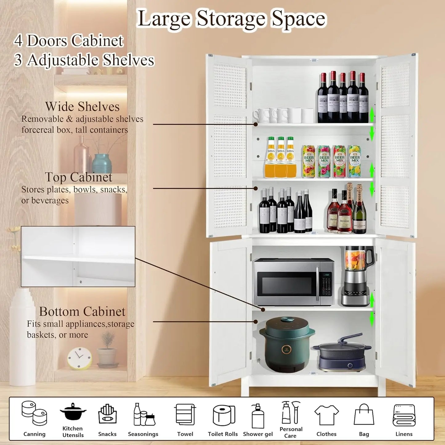 71" Kitchen Pantry Storage Cabinet – Tall Freestanding Wood Cupboard with Rattan Doors & Adjustable Shelves