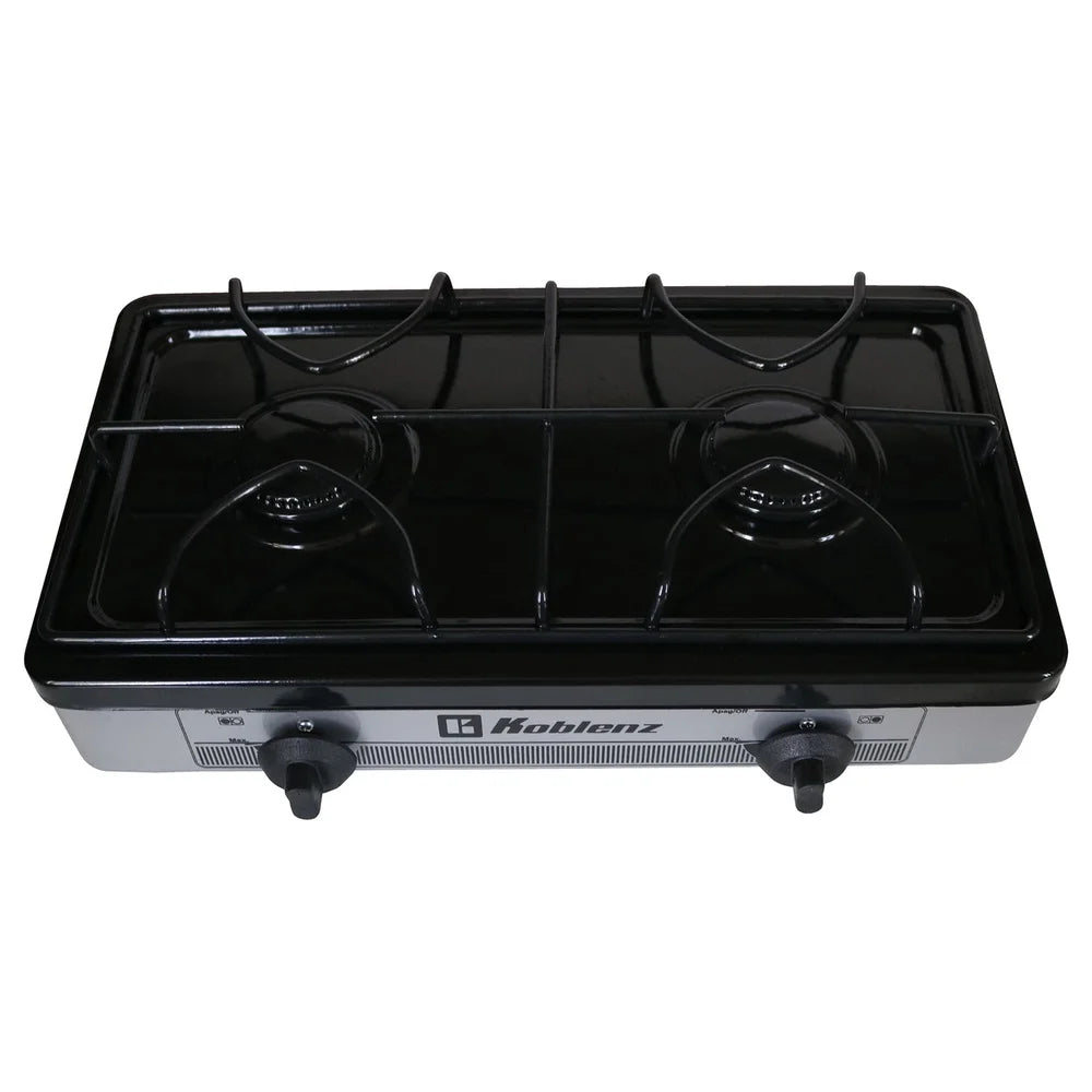 2-Burner Outdoor Propane Stove – Adjustable Flames, LP Gas, Manual Ignition with Compression Connector for Camping Cooking
