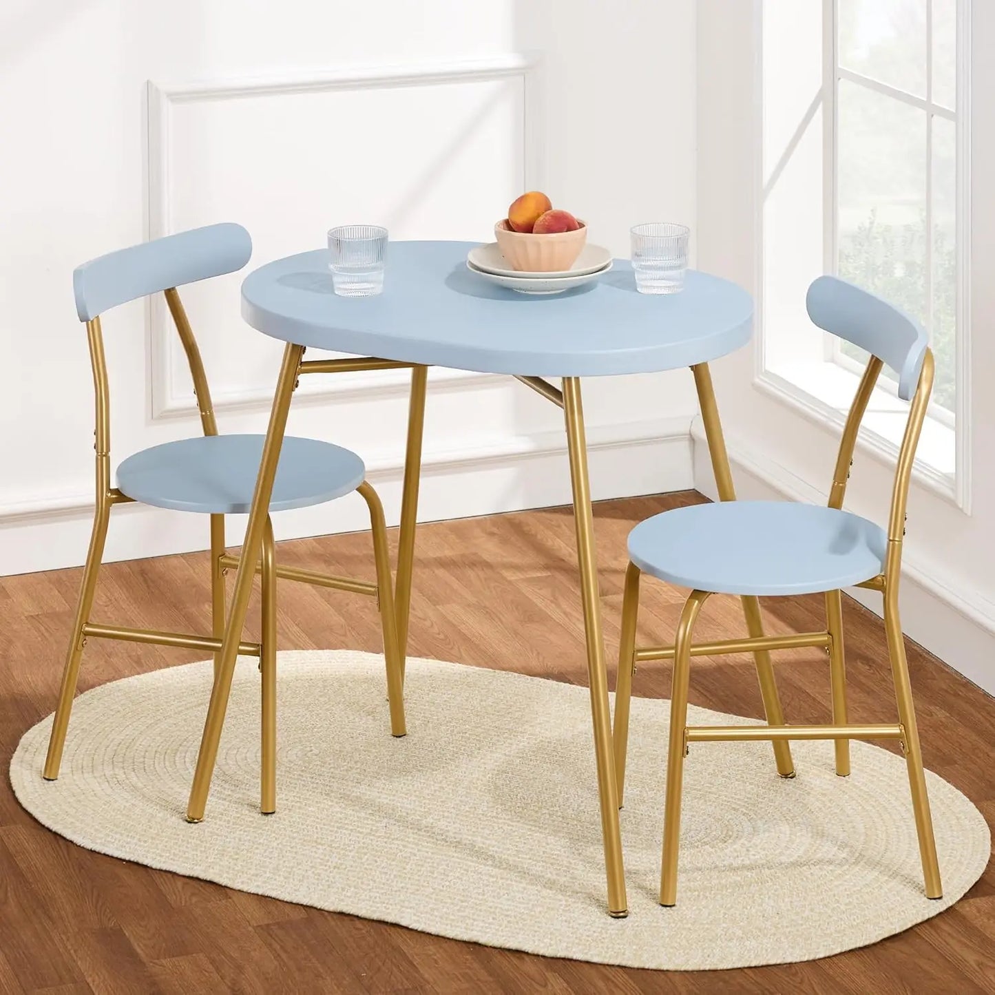 Modern Oval Dining Table Set – Small Kitchen Dinette with 2 Chairs, Metal Frame & Curved Backrests (Dark Green/Gold)