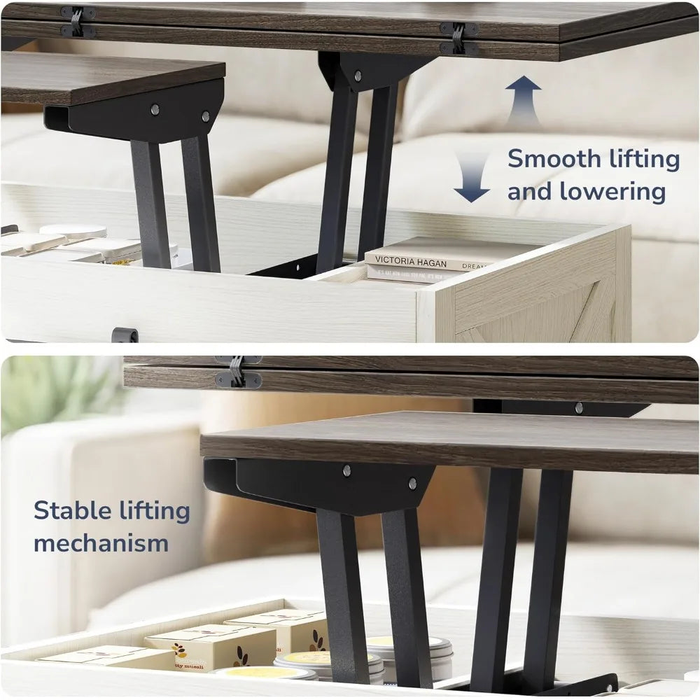 44" Farmhouse Lift Top Coffee Table – Storage with Sliding Barn Doors, 3-in-1 Multi-Function