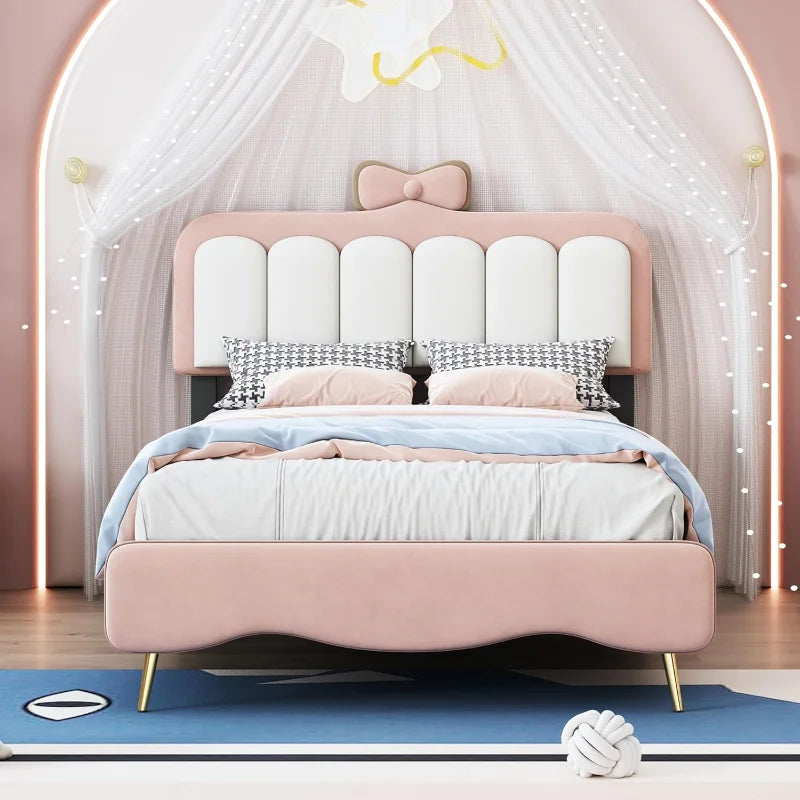 SOFTSEA Twin Princess Bed – Pink Velvet Upholstered Frame with Bow-Knot Headboard