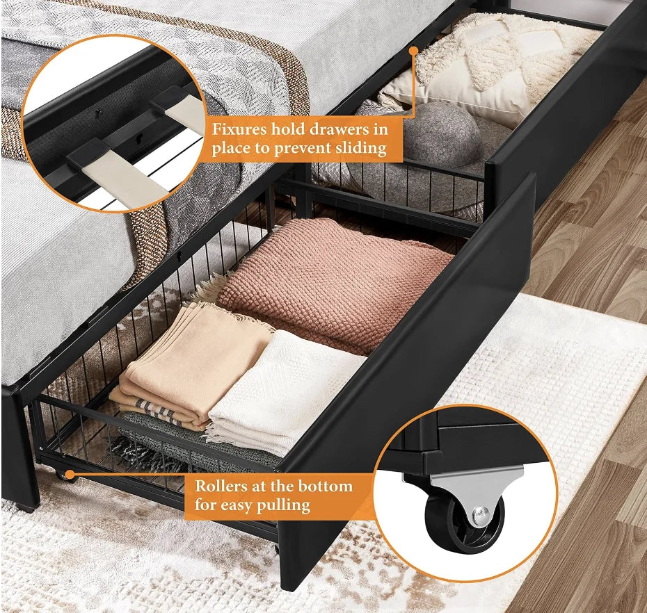 Queen Upholstered Bed Frame – Faux Leather Platform with 4 Drawers & Adjustable Headboard
