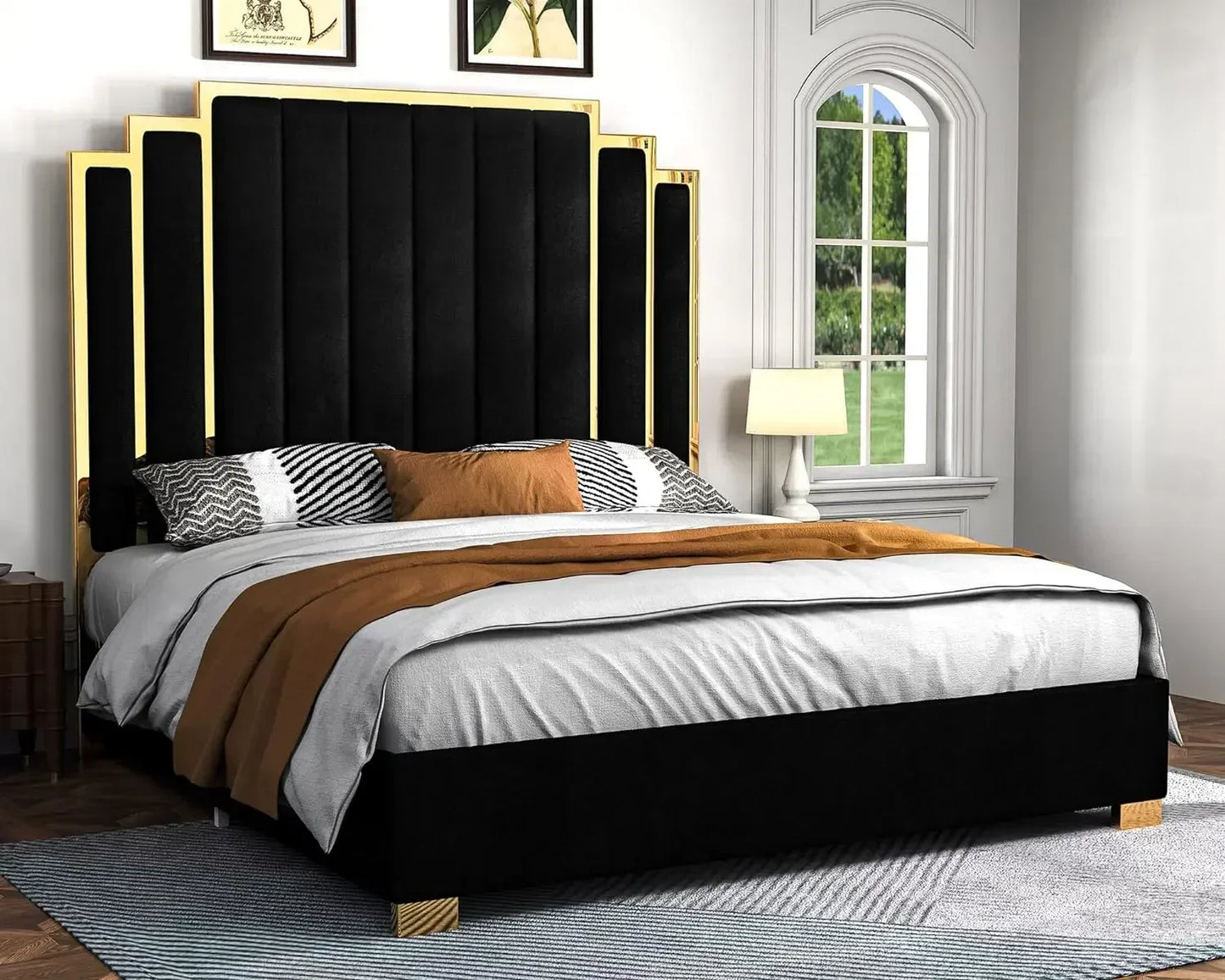 King Size Velvet Platform Bed Frame – Green Upholstered with Gold Trim Headboard & Wooden Slats