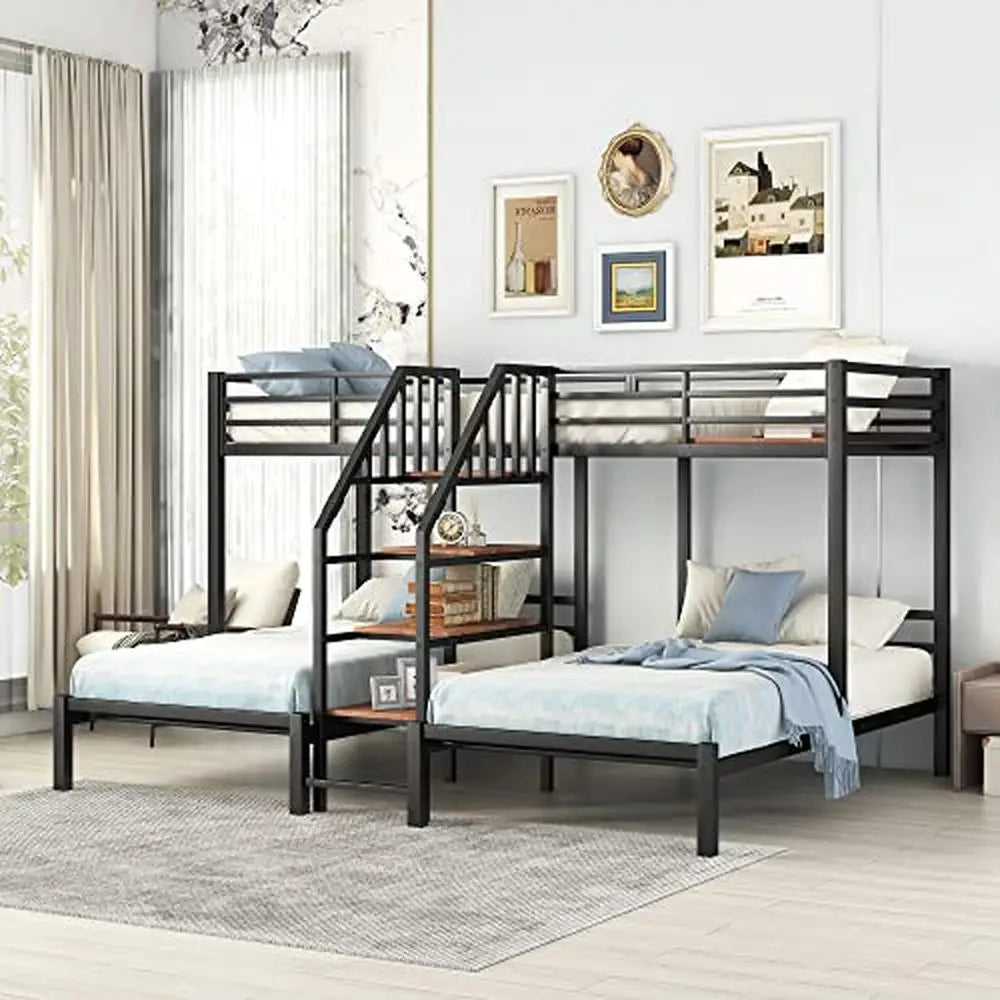 Twin Over Twin Metal Bunk Bed with Staircase & Storage Shelves – Modern Black, No Box Spring Needed