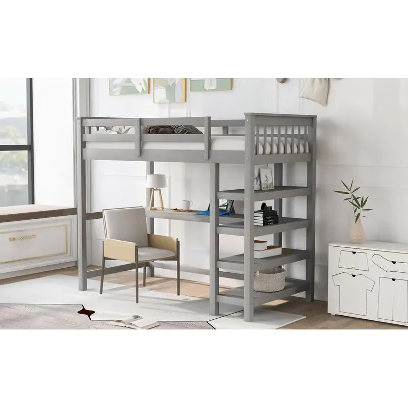 Twin Loft Bed with Storage Shelves & Under-Bed Desk – Space-Saving Gray Design