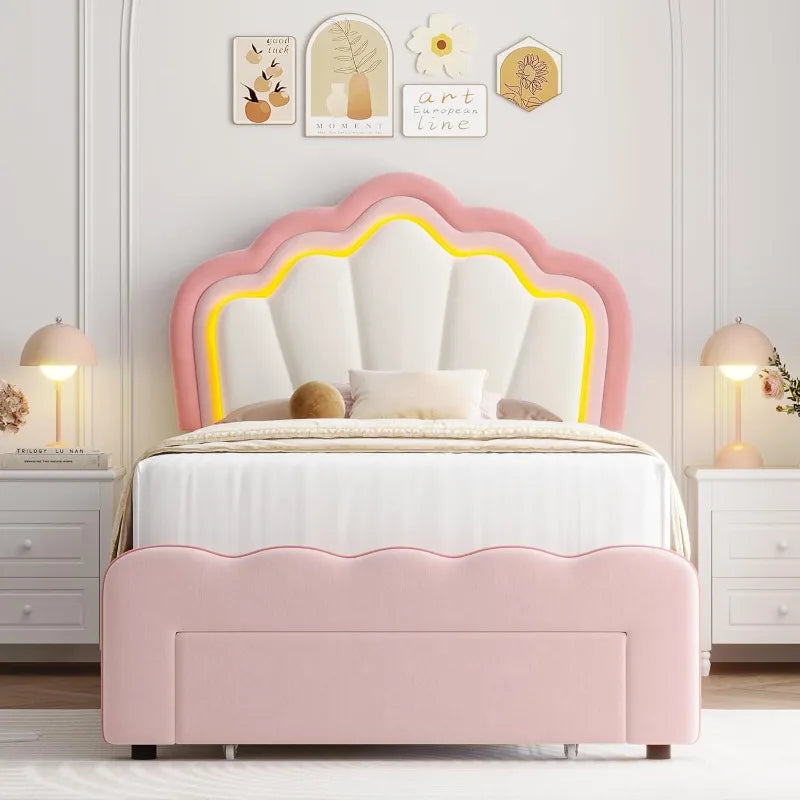 HOSTACK Twin Princess Bed Frame – Upholstered Velvet with LED Lights & Storage Drawer (Pink/Beige)
