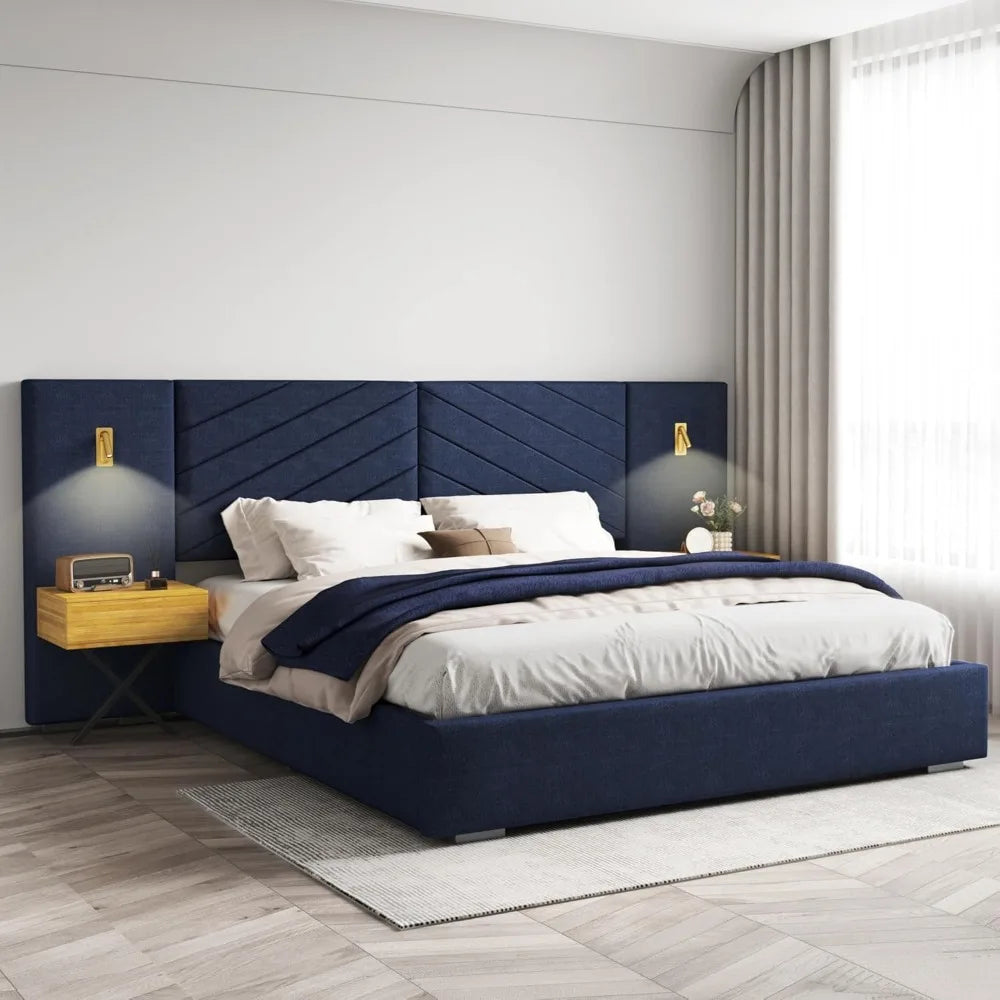 King Size Luxury Platform Bed – Oversized Upholstered Headboard with Built-in Gold LED & Nightstands