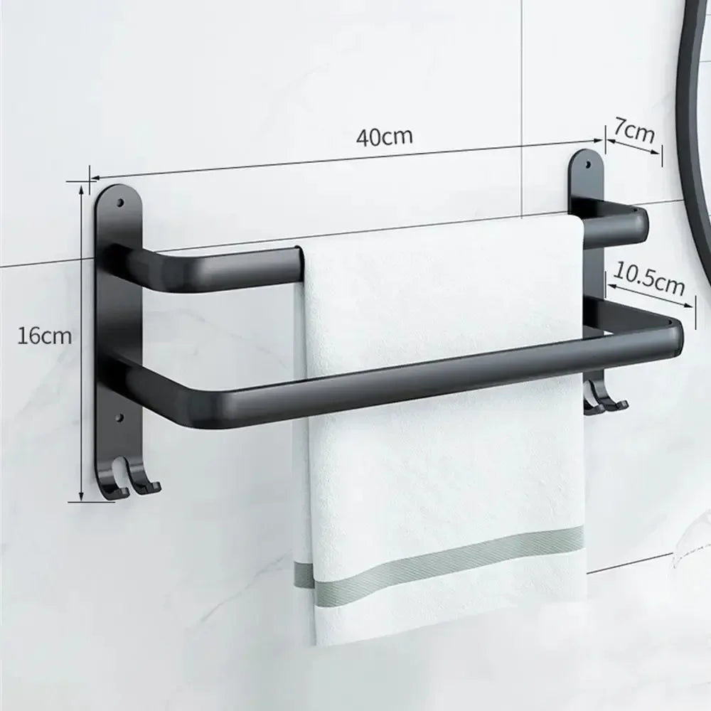 Aluminum Alloy Wall-Mount Bathroom Shelf with Hooks – Space-Saving Storage