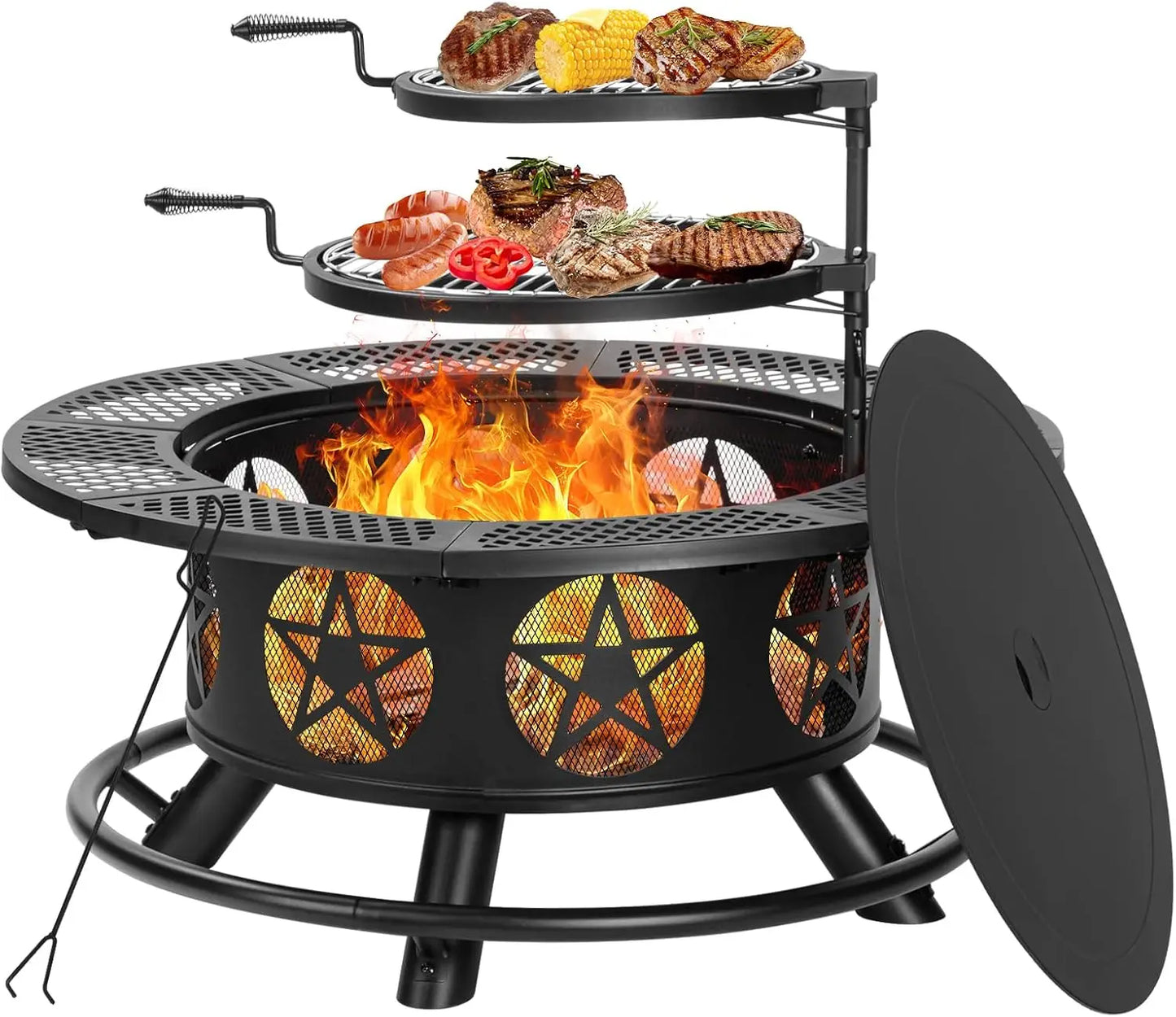 36" Wood Burning Fire Pit – Outdoor Firepit with 2 Grills, Lid & Poker for BBQ and Backyard