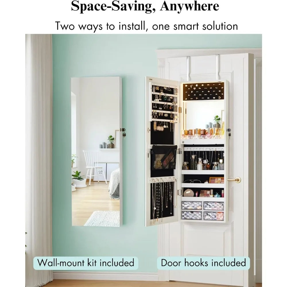 LED Mirror Jewelry Cabinet – Wall/Door Mounted Organizer with Lights
