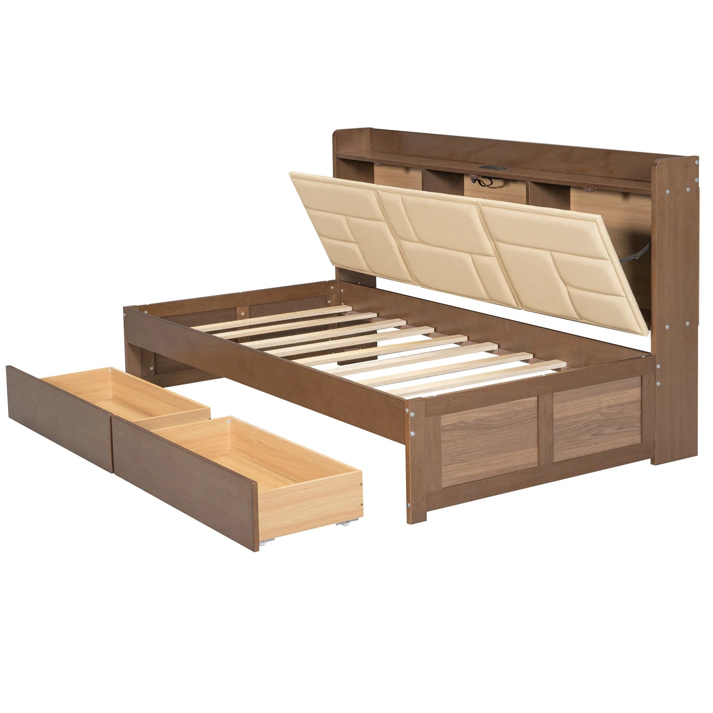 Twin/Full Wood Daybed with Upholstered Storage Shelves, USB Ports & 2 Drawers