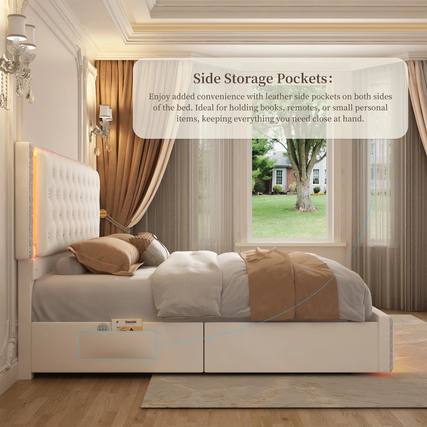 Queen PU Upholstered Bed Frame – LED Lights, Storage Drawers & Crystal Tufted Headboard