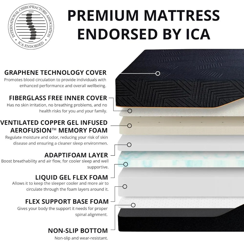 Adjustable King Bed Frame with 14" Copper Gel Memory Foam Mattress – Foldable Metal Base & Wireless Remote
