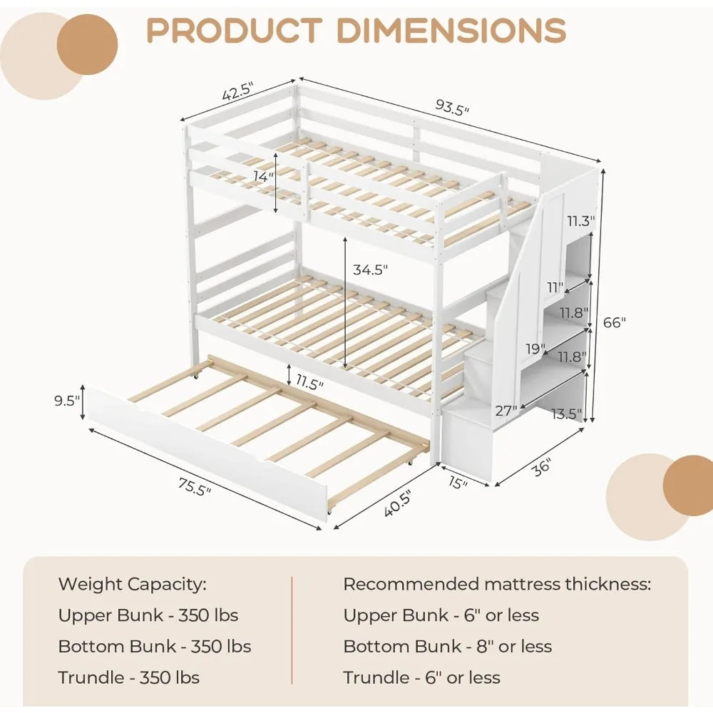 Twin over Twin Bunk Bed with Trundle & Stairs – Solid Wood Frame w/ Storage & Convertible Design