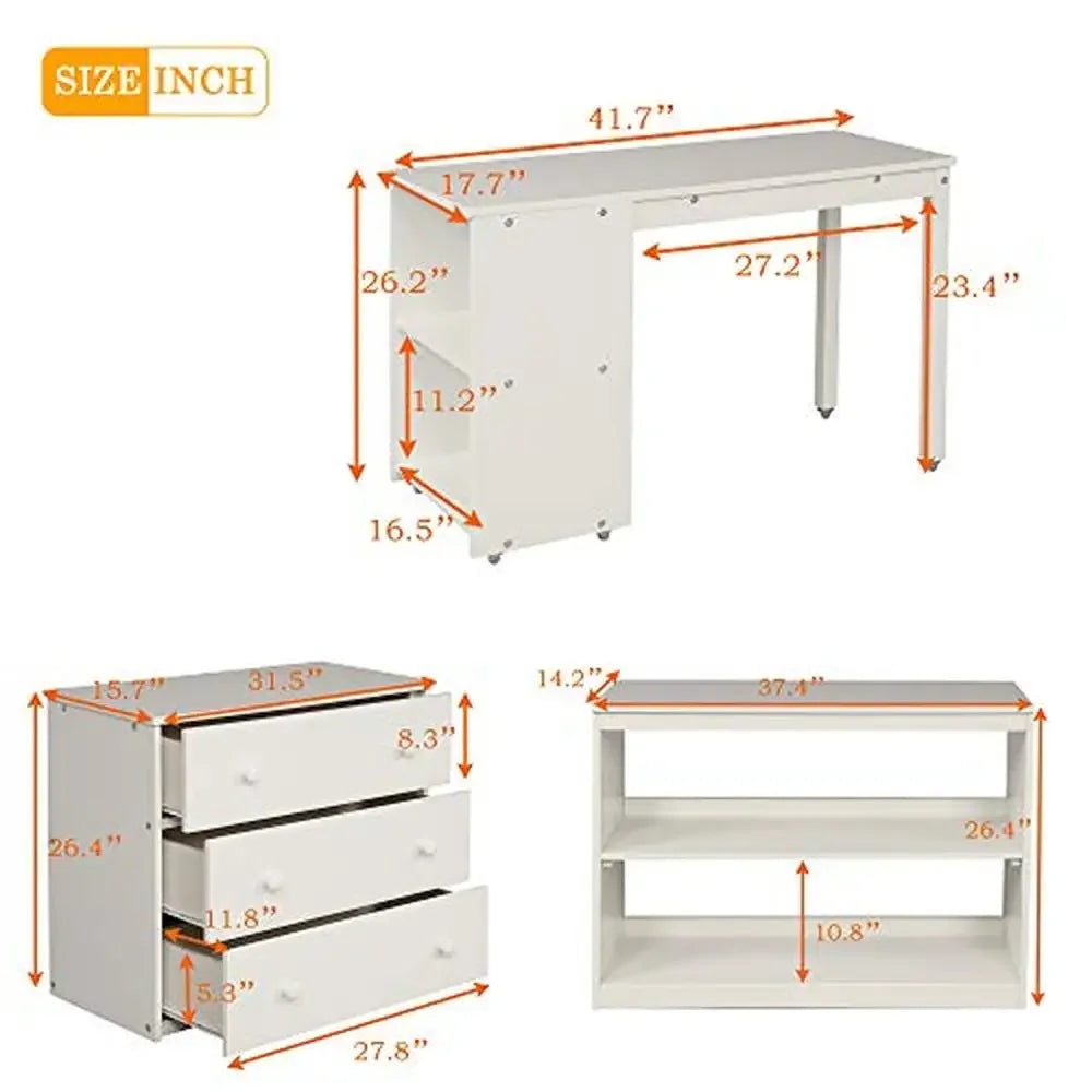 Twin Loft Bed with Rolling Desk & Storage Cabinet – White Bunk Bed with Guardrails