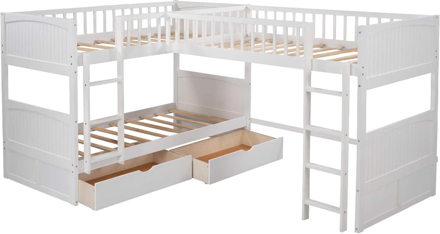 Triple Twin L-Shaped Bunk Bed with Drawers & Ladders – Space-Saving Design, No Box Spring Needed