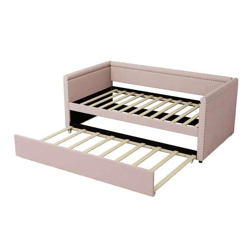 Modern Upholstered Twin Daybed with Trundle, Pink Guest Bed for Small Bedrooms & Study Rooms