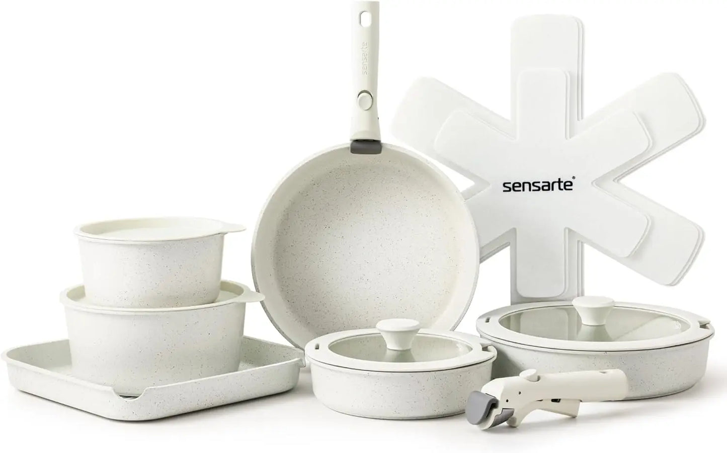 17 Piece Ceramic Pots and Pans Set, Nonstick Detachable Handle Cookware, Induction Kitchen Cookware Set with Removable