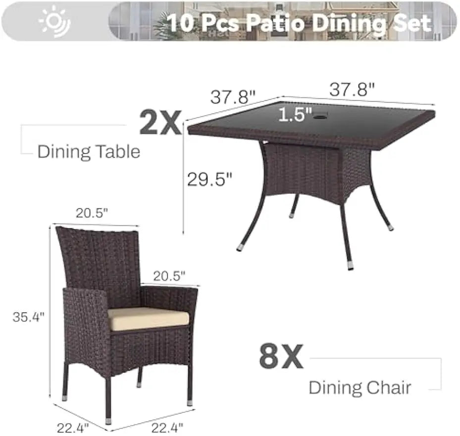 10-Piece Outdoor Dining Set – Rattan Patio Table with 8 Chairs & Cushions, Sand Color