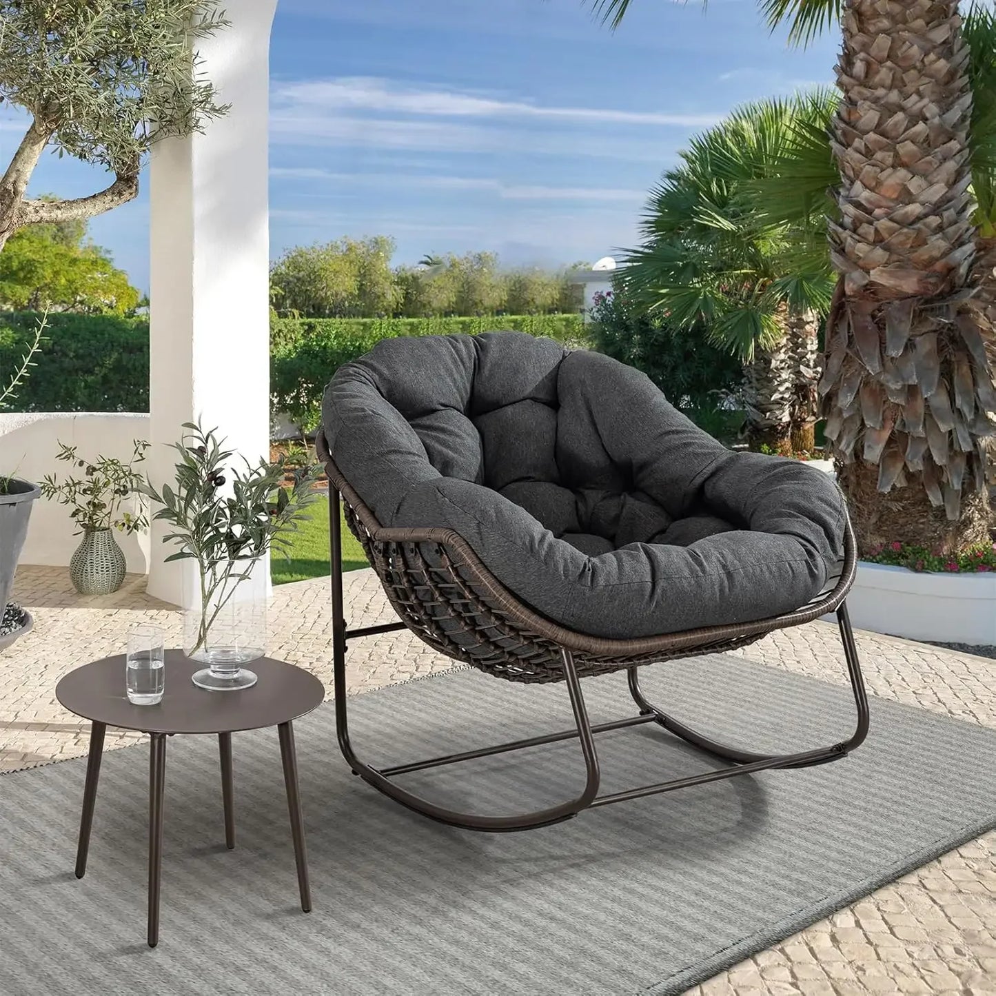 Oversized Wicker Egg Rocking Chair – Indoor/Outdoor Lounge Chair with Plush Cushion