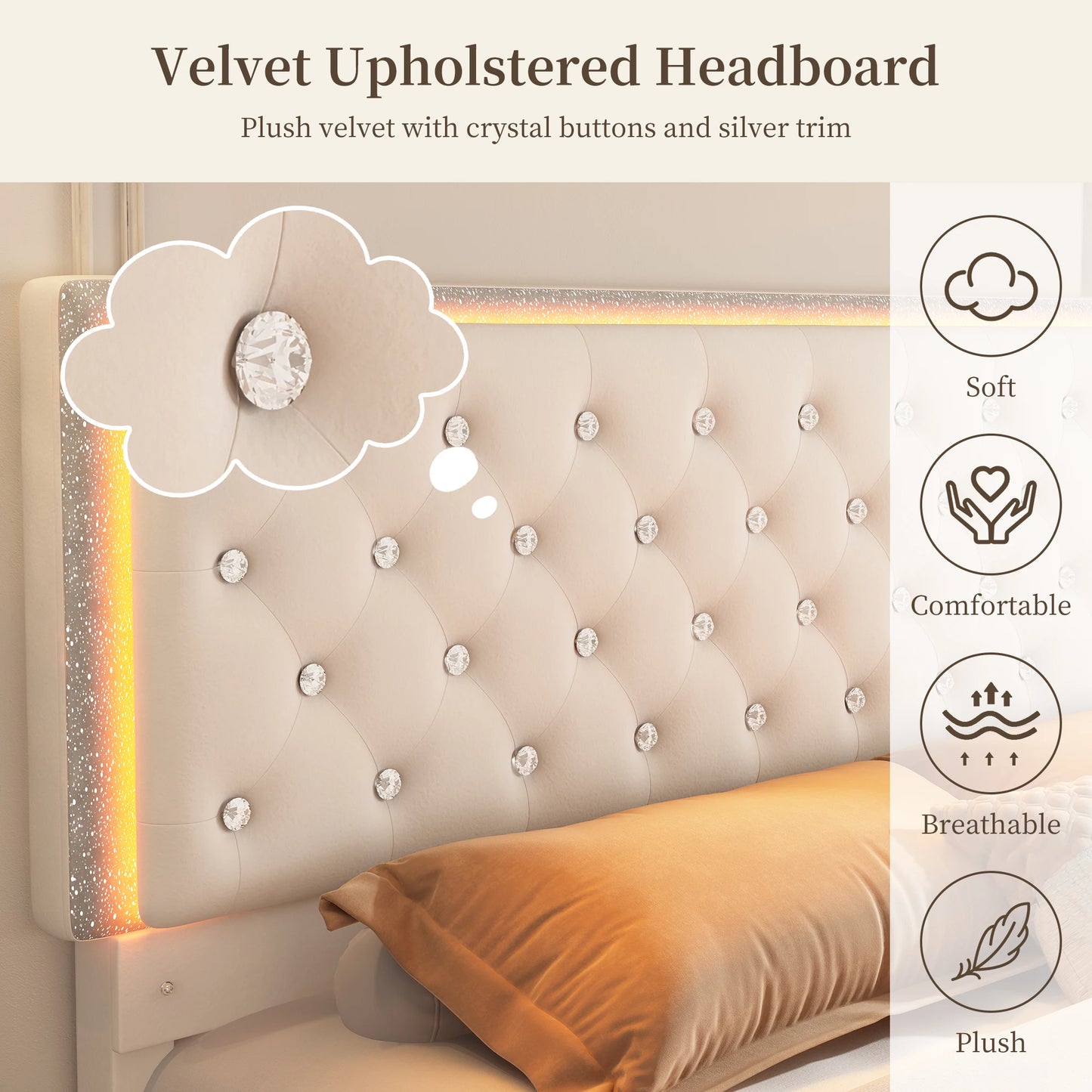Queen PU Upholstered Bed Frame – LED Lights, Storage Drawers & Crystal Tufted Headboard