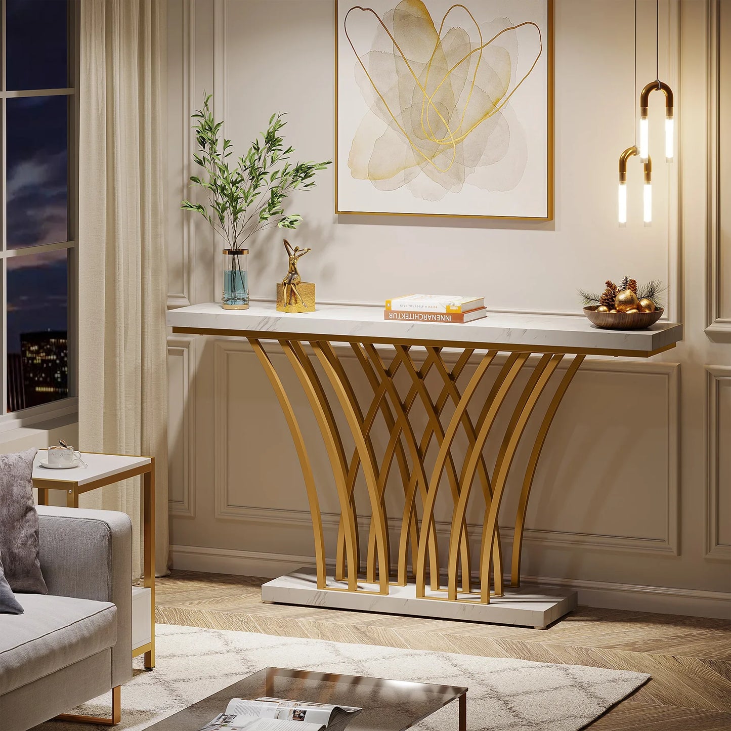 Tribesigns 59" Gold Console Table – Modern Entryway Table with Grid Metal Base