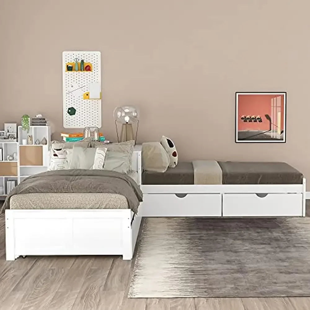 Twin L-Shaped Daybed with Trundle – Pine Wood Platform Bed with Desk, Drawers & Storage (White)